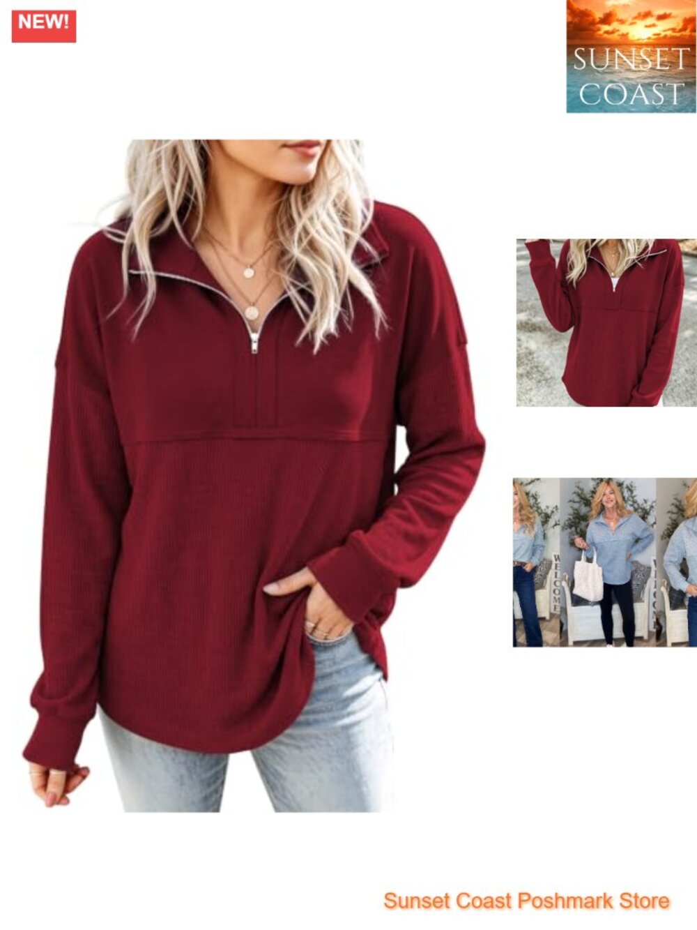 Half Zip Waffle Knit Pullover Sweatshirt Oversized Long Sleeve Tunic Top
